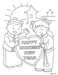 Chinese New Year Heart Sign Coloring Page with Boy and Girl