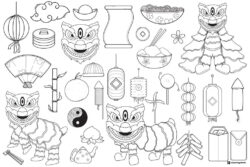 Chinese New Year Icon Coloring Page with Lions and Lanterns