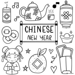 Chinese New Year Objects Coloring Page with Girl and Icons