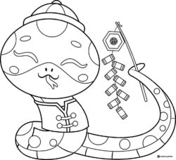 Chinese New Year Snake Character Coloring Page with Firecrackers
