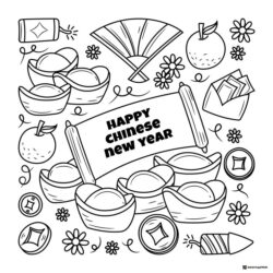 Chinese New Year Symbols Coloring Page with Gold Ingots and Fan