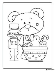 Christmas Bear and Nutcracker Coloring Page with Candy and Bowl