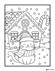 Christmas Cat Coloring Page with Hat Scarf and Candy Cane