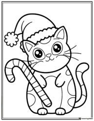 Christmas Cat Coloring Sheet with Santa Hat and Candy Cane