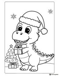Christmas Dinosaur Coloring Page with Santa Hat and Gifts