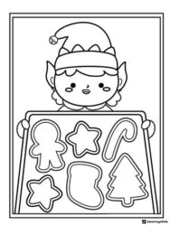 Christmas Elf Coloring Page with Cookie Shapes and Tray