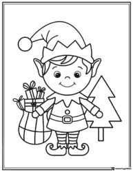 Christmas Elf Coloring Page with Gift Sack and Tree Background