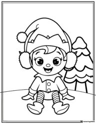 Christmas Elf Coloring Page with Hat Ear Muffs and Tree Scene
