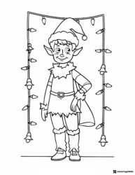 Christmas Elf Coloring Page with Light Garland and Costume