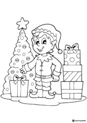 Christmas Elf Coloring Page with Tree and Stacked Presents