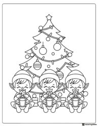 Christmas Elves Coloring Page with Cookies and Christmas Tree
