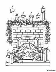 Christmas Fireplace Coloring Page with Candles and Wrapped Gifts