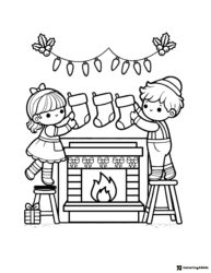 Christmas Fireplace Coloring Page with Kids Hanging Stockings