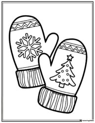Christmas Mittens Coloring Sheet with Snowflake and Tree Designs