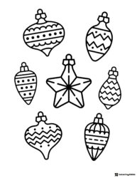 Christmas Ornament Coloring Page with Star and Patterned Baubles