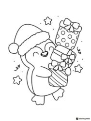 Christmas Penguin Coloring Page with Santa Hat and Gifts