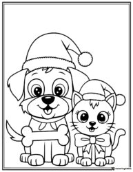 Christmas Pets Coloring Sheet with Dog and Cat in Santa Hats