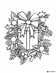 Christmas Present Coloring Page with Bow and Pine Garland