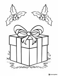 Christmas Present Coloring Page with Holly Leaves and Bow