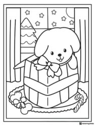 Christmas Puppy Coloring Page with Gift Box and Window View