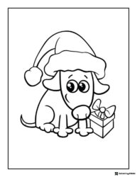 Christmas Puppy Coloring Page with Santa Hat and Gift