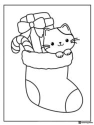 Christmas Stocking Coloring Page with Cat Candy Cane and Gift