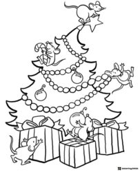 Christmas Tree Coloring Page with Mice and Presents