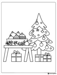 Christmas Tree Coloring Page with Ornaments and Gift Table