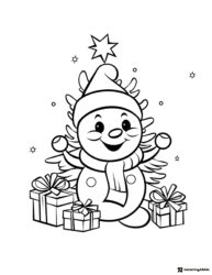 Christmas Tree Snowman Coloring Page with Presents and Hat