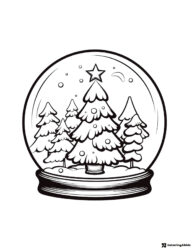 Christmas Tree in Snow Globe Coloring Page with Forest Scene