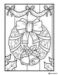 Christmas Wreath Coloring Page with Bells and Holly