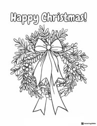 Christmas Wreath Coloring Page with Bow and Happy Greeting