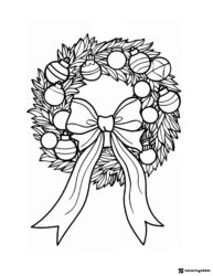 Christmas Wreath Coloring Page with Ornaments and Ribbon