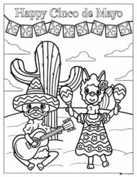 Cinco de Mayo Animal Characters Coloring Page with Cactus