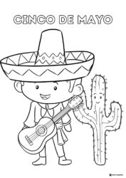 Cinco de Mayo Boy Coloring Page with Cactus and Guitar