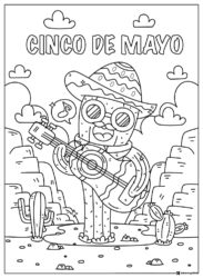 Cinco de Mayo Cactus Character Coloring Page with Guitar