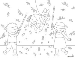 Cinco de Mayo Coloring Page with Kids Hitting a Pinata