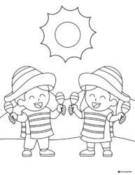 Cinco de Mayo Coloring Page with Kids in Sombreros and Maracas
