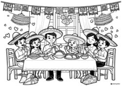 Cinco de Mayo Dinner Coloring Page with Family and Festive Food