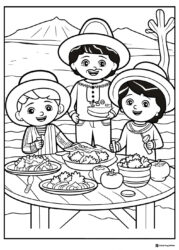 Cinco de Mayo Kids Coloring Page with Food and Mountains