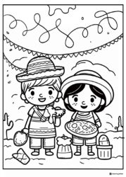 Cinco de Mayo Kids Coloring Page with Snacks and Sombreros