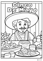 Cinco de Mayo Man Coloring Page with Traditional Feast Spread