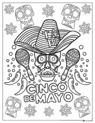 Cinco de Mayo Skull Coloring Page with Maracas and Flowers