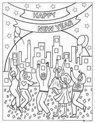 City Celebration Coloring Page with New Year Banner and Dancers