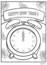 Clock Coloring Page with Fireworks and Happy New Year Banner