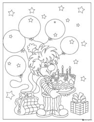 Clown Holding Birthday Cake Coloring Page with Balloons