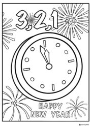 Countdown Clock Coloring Page with Fireworks and 3 2 1 Text