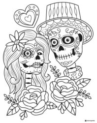 Couple Skeletons Coloring Page with Roses and Heart Design