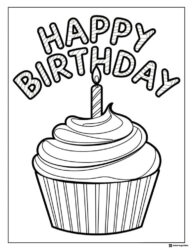 Cupcake Coloring Page with Candle and Happy Birthday Text