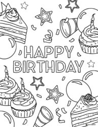 Cupcake and Cake Slice Birthday Coloring Page with Balloons